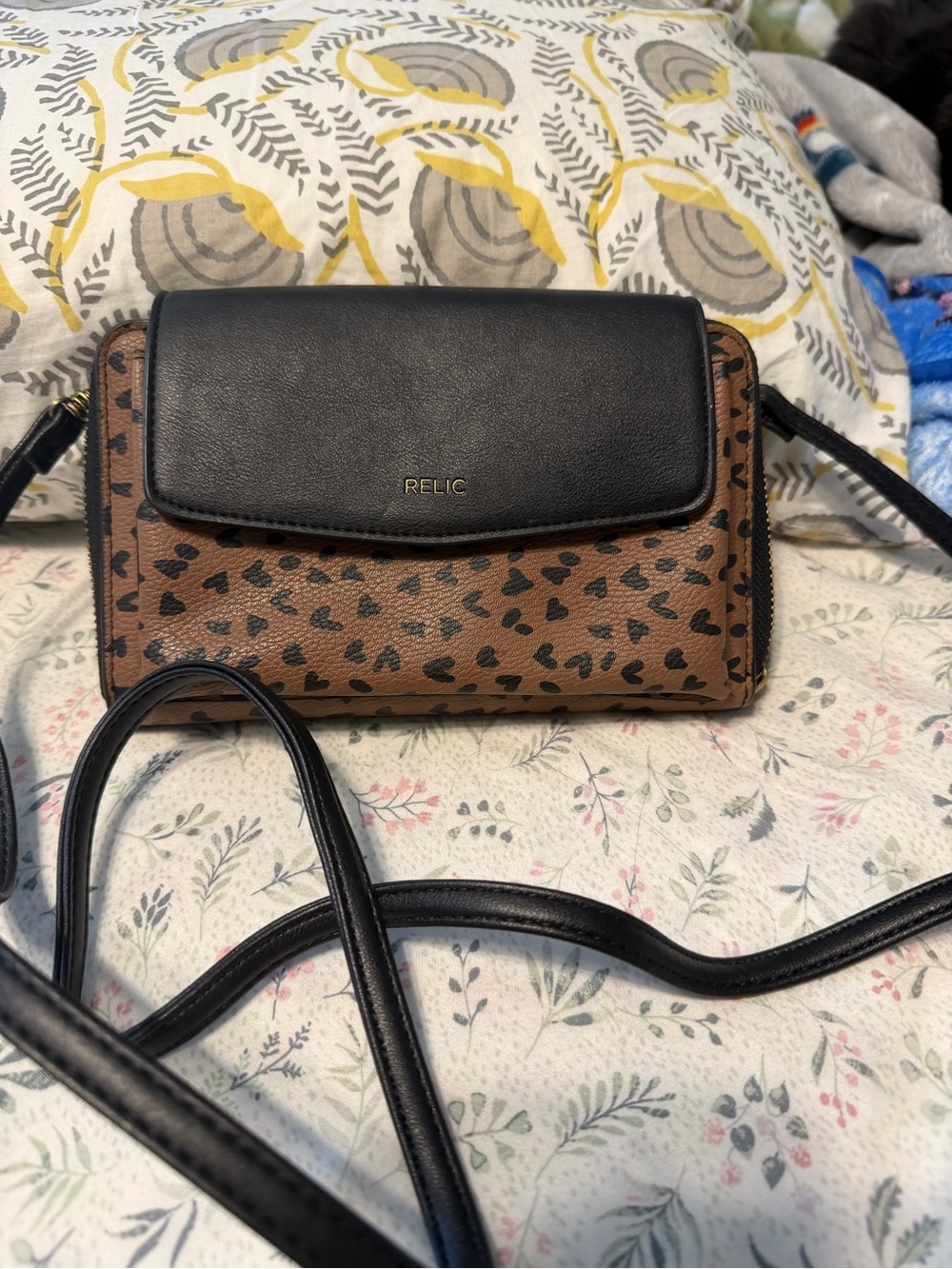 Relic Brown & Black Crossbody Bag with Heart Print